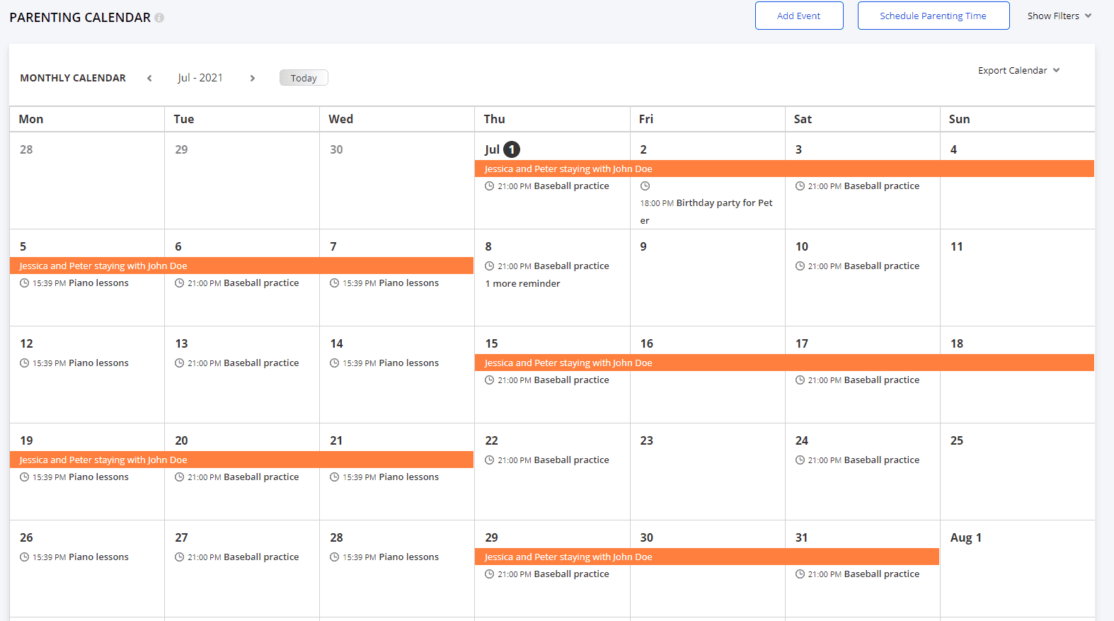 parenting calendar example